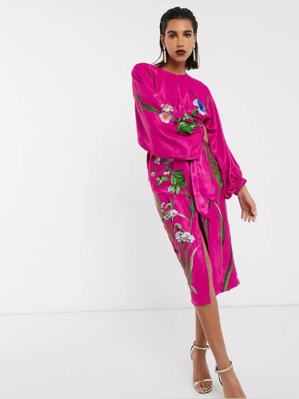 ASOS Women's Fuchsia Floral Satin floral Dress women’s size 2 bohemian boho